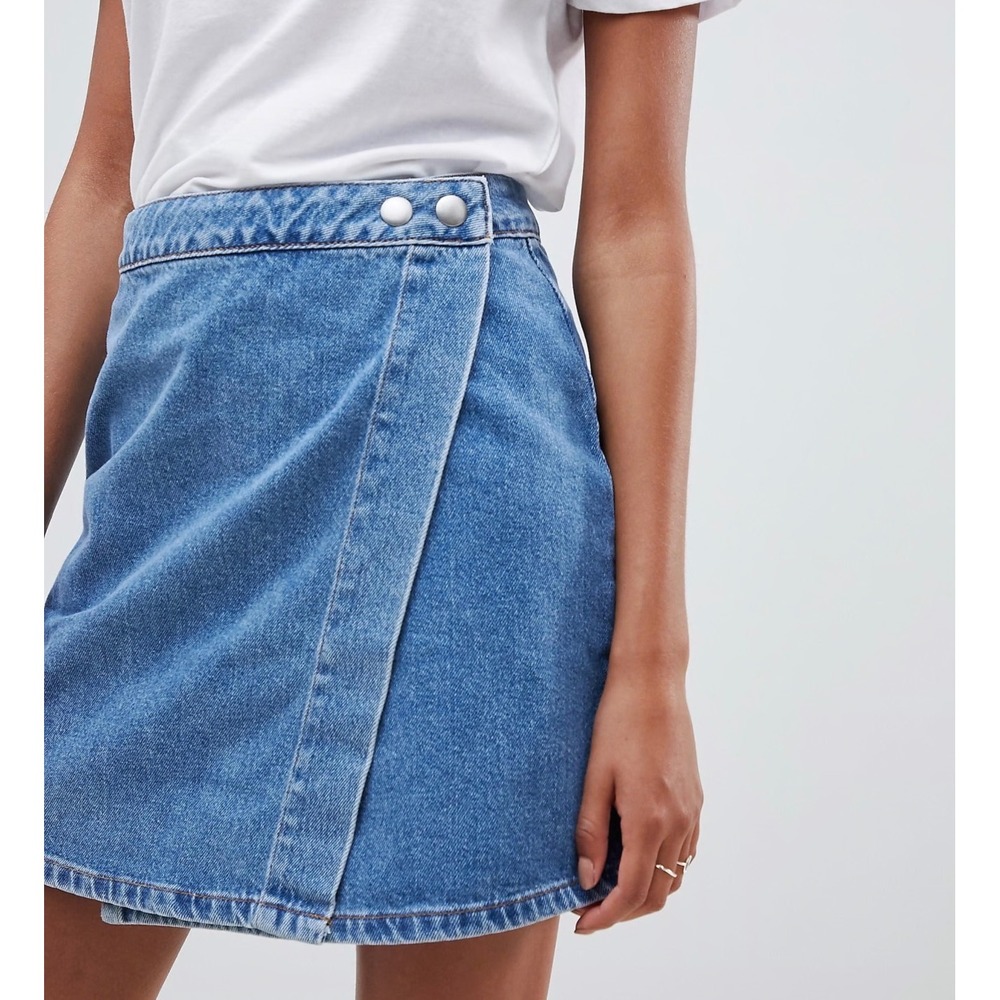 ASOS DESIGN Denim Wrap Skirt Stonewash Blue Mini A-Line Size US 4 UK 8